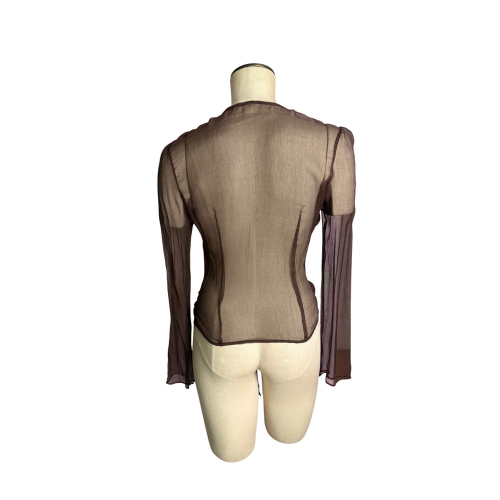 Silk Wrap Top M Brown Rhinestone Sheer Tie Front Long Bell Sleeve 5162 RN110572 - Picture 3 of 8